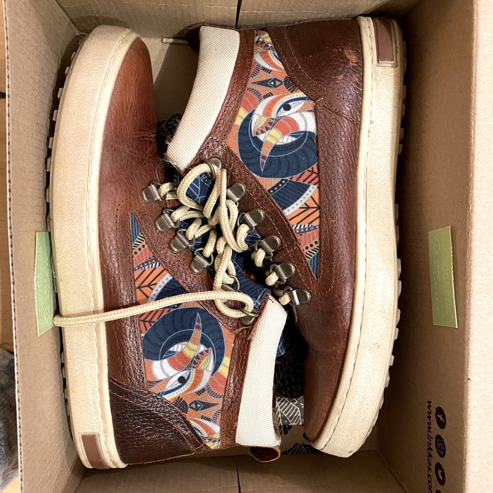Colorful Inkkas Brown Leather Camping Boot - Tribal, Boho Print